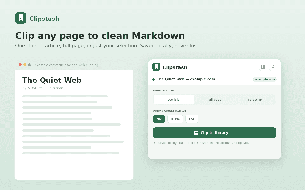 Clipstash clipping a page to clean Markdown