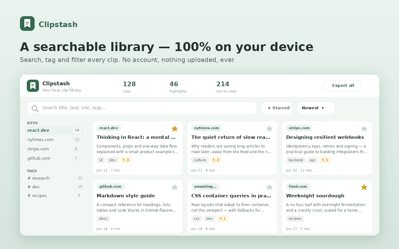 Clipstash's searchable local library of clips