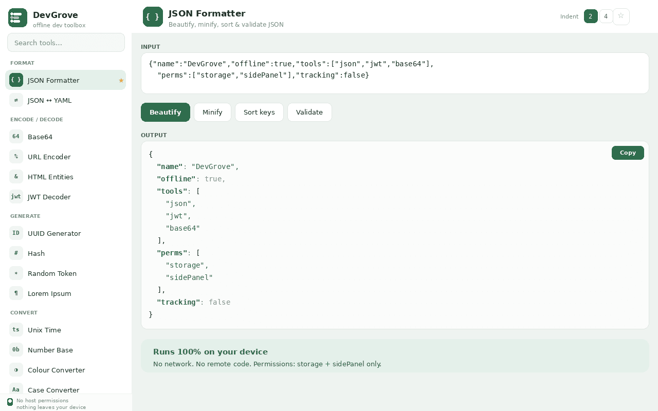 DevGrove formatting and validating JSON in the side panel