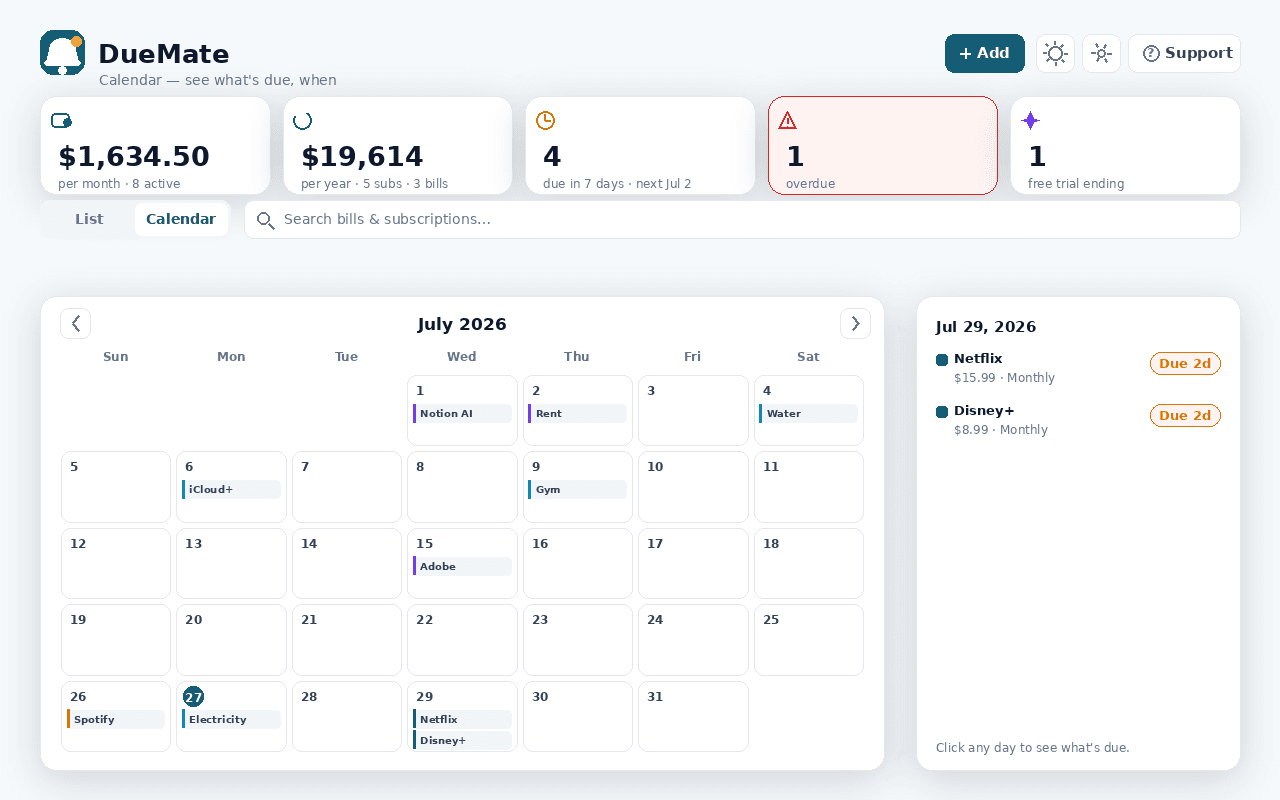 A month calendar of everything that's due