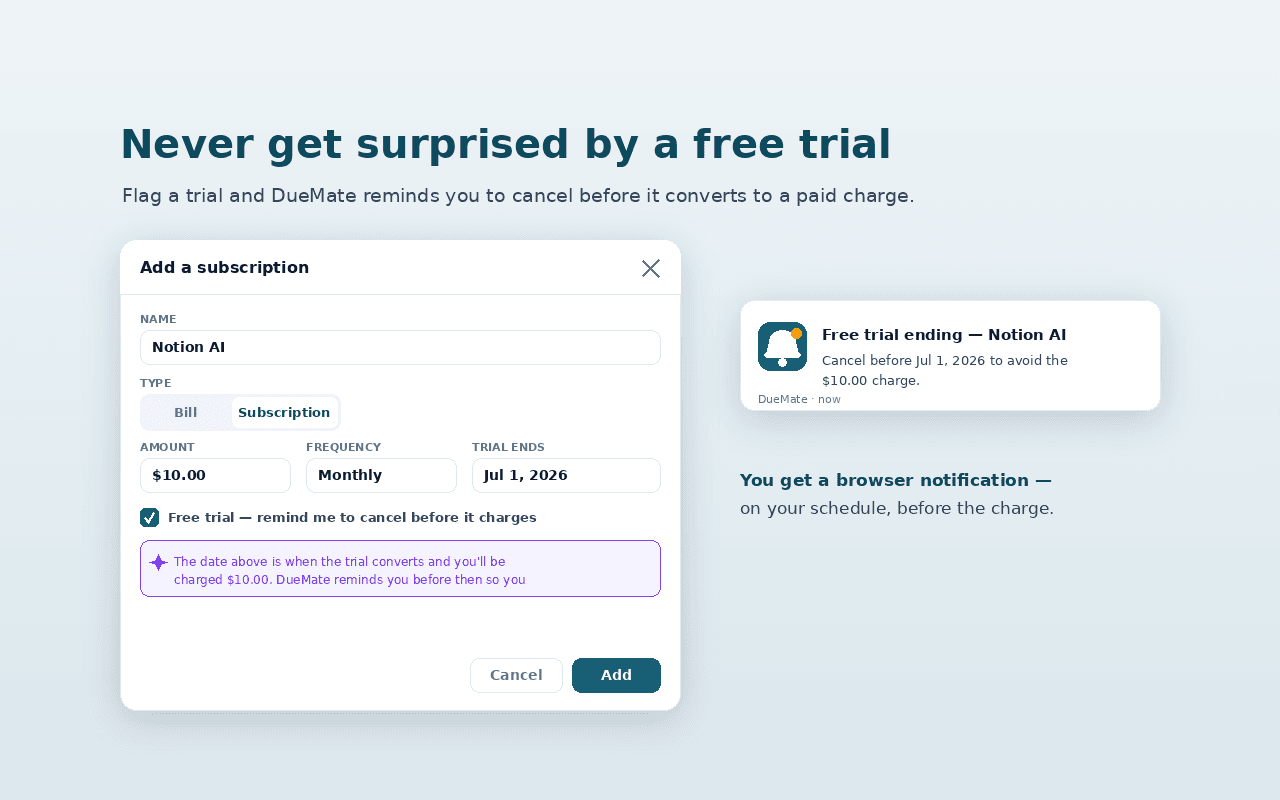 A reminder to cancel a free trial before it charges you