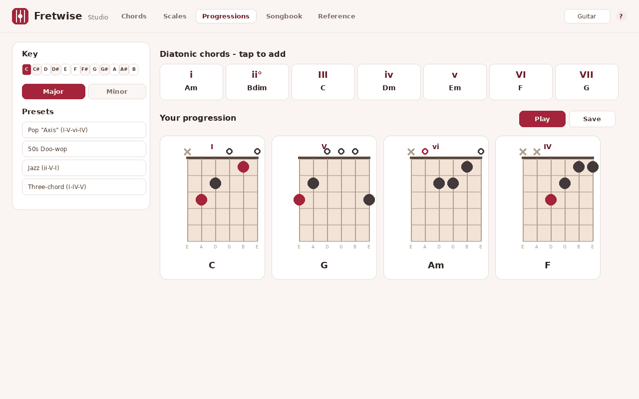 Progression builder with diatonic chords and presets