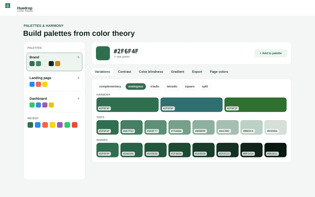 Colour harmonies, tints, shades and tones