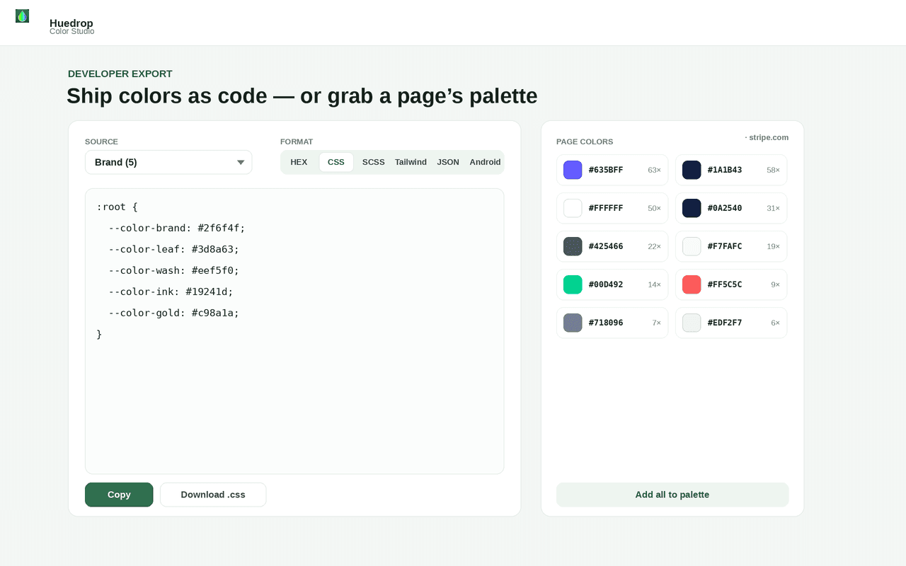 Export palettes to CSS, SCSS, Tailwind and more