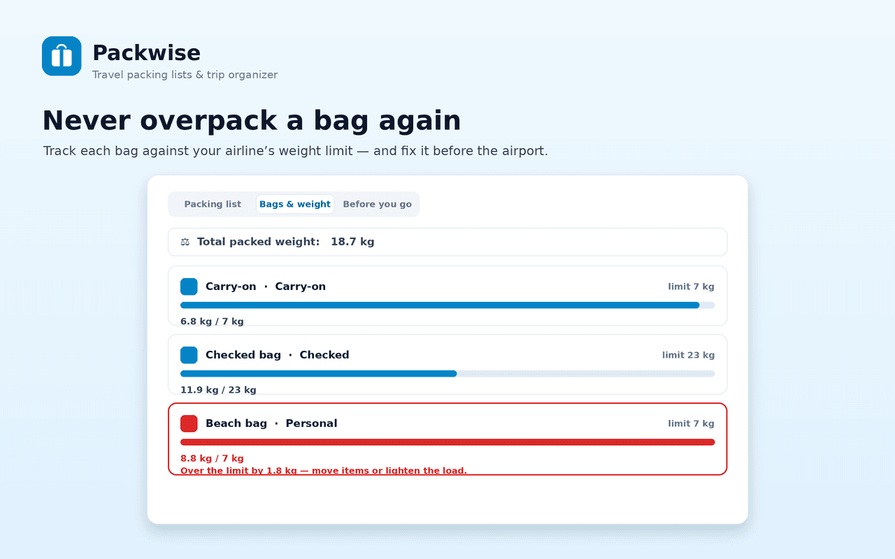 Assign items to bags and track weight limits