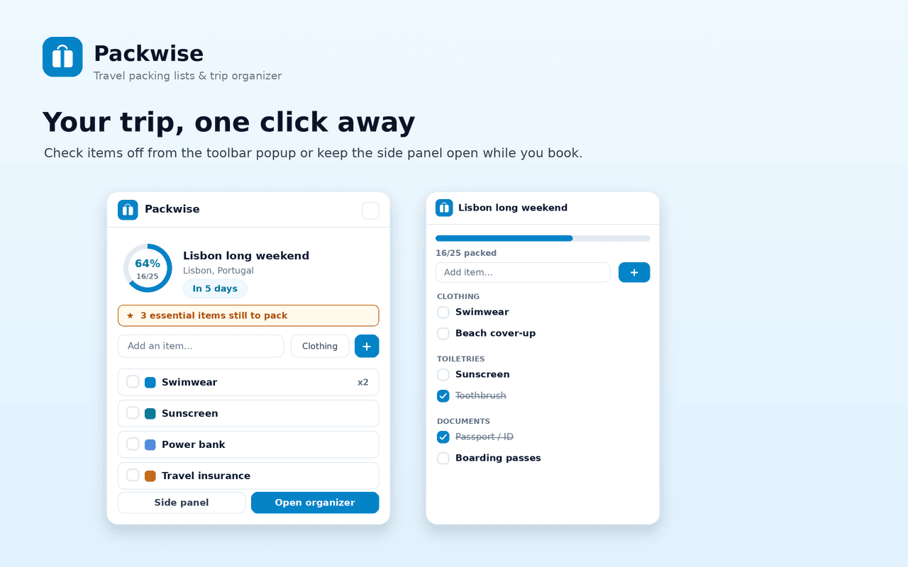 Toolbar popup and side panel checklist