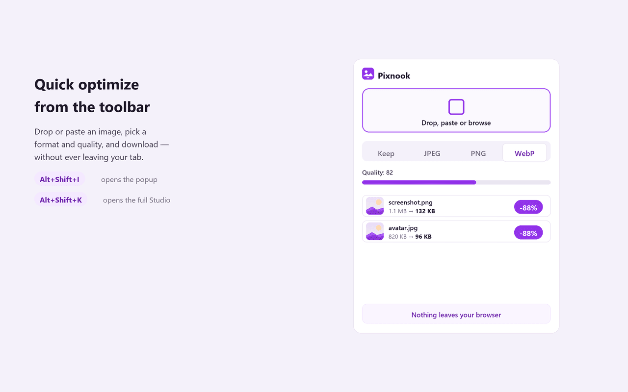 Batch a folder with live savings, then download a ZIP