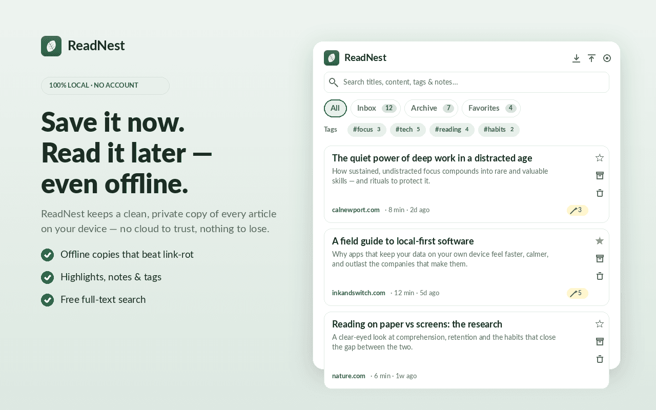 The ReadNest library of saved articles