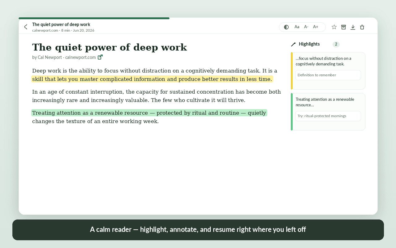 ReadNest's calm, distraction-free reader