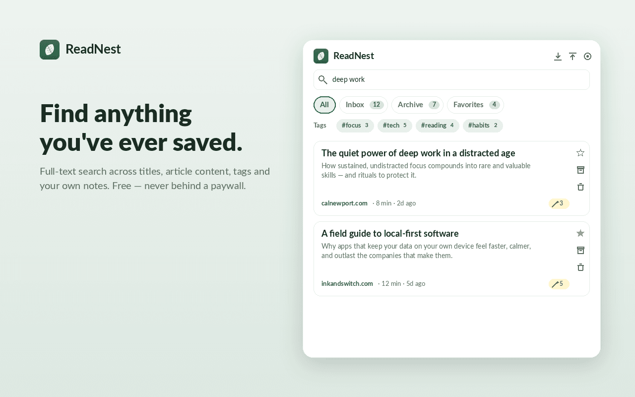 Full-text search across your saved articles
