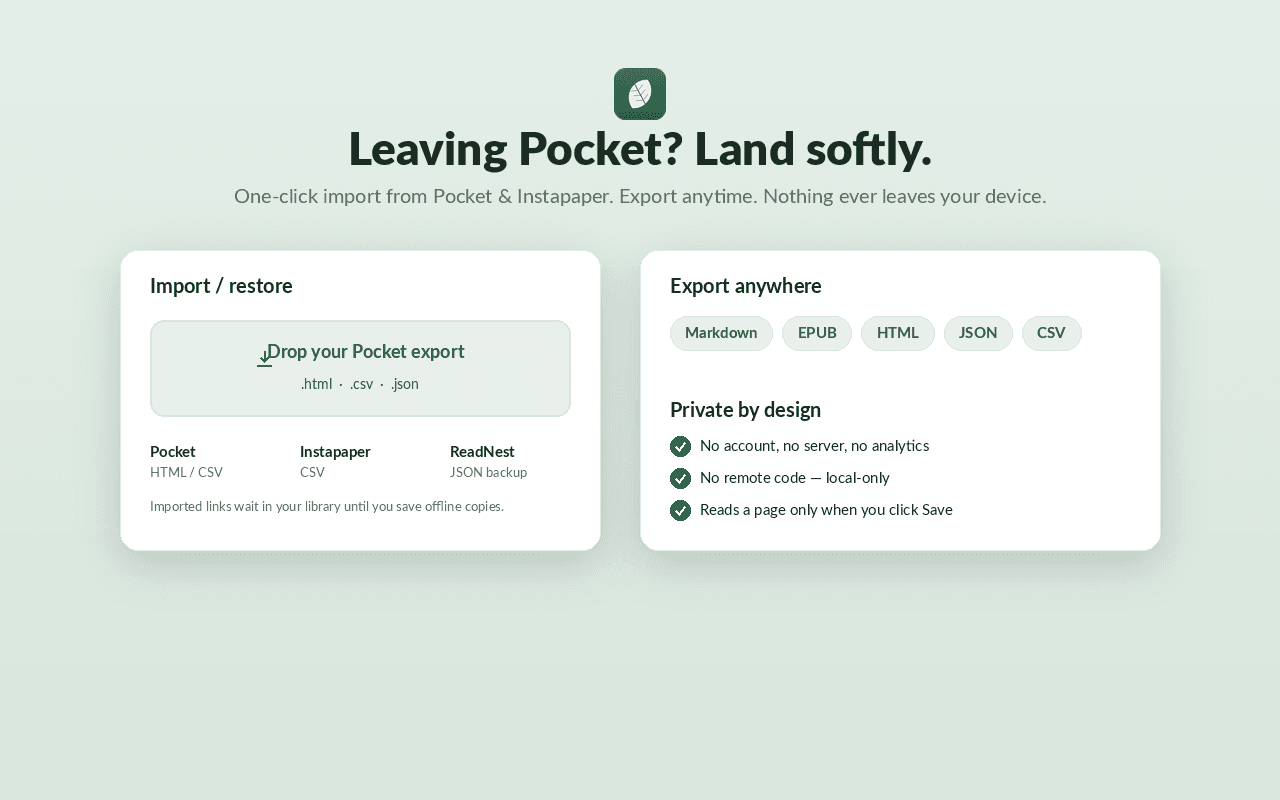 Import from Pocket and Instapaper, processed locally