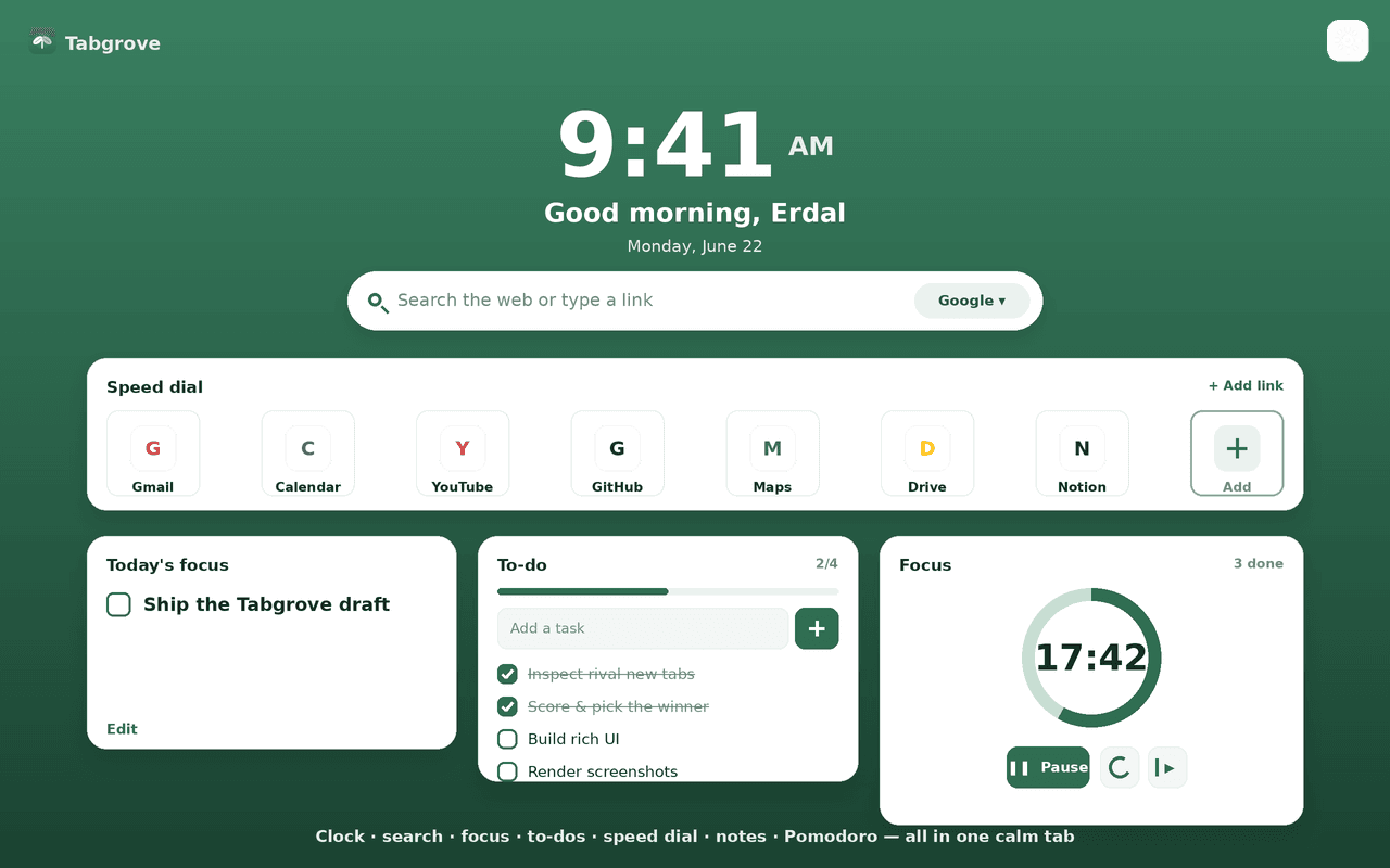 Tabgrove new-tab dashboard with clock, focus, to-dos and speed dial