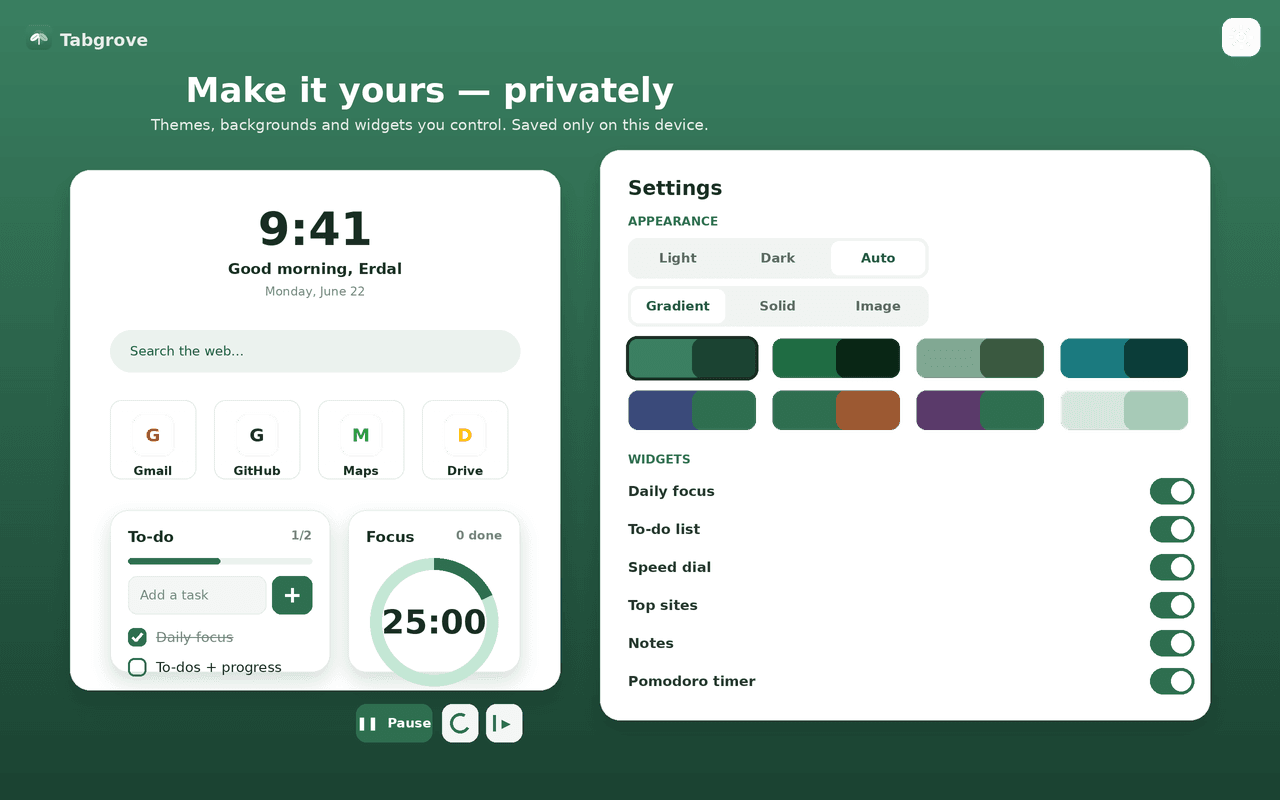 Backgrounds, themes and widget toggles