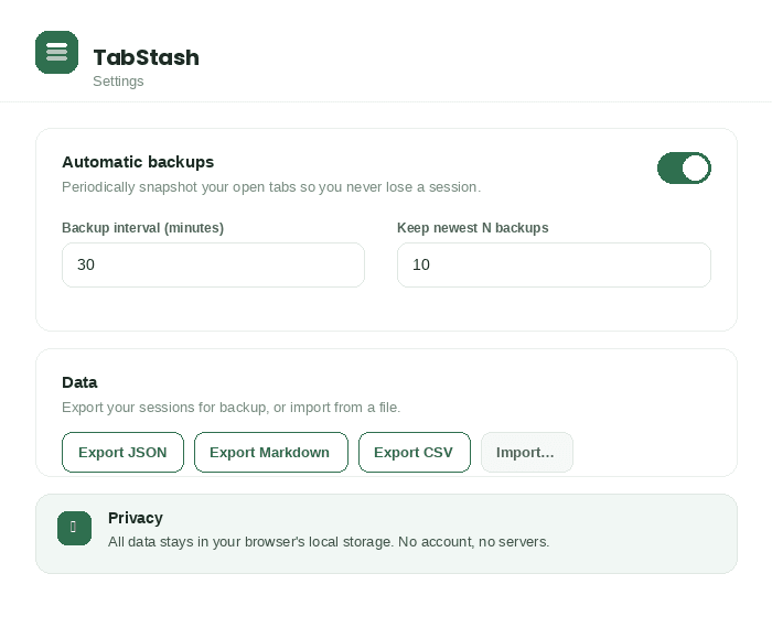TabStash settings page: backup interval, retention count and usage