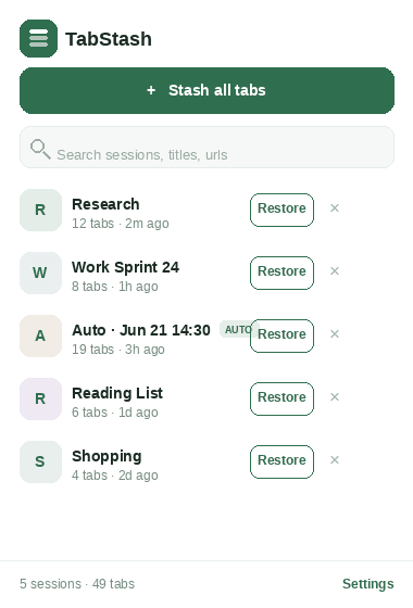 TabStash popup showing a list of saved tab sessions with Restore buttons
