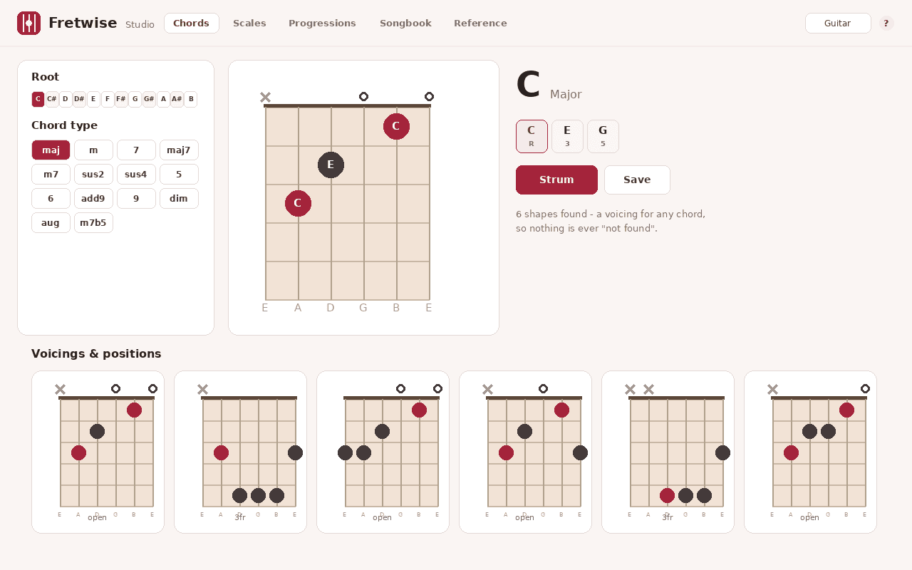 Fretwise chord finder showing a guitar chord diagram with note names