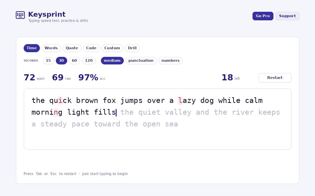 Keysprint typing speed test and trainer