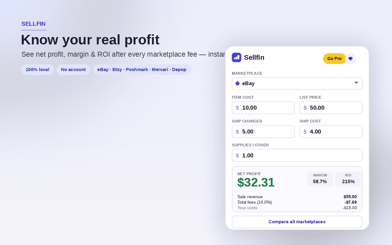 Sellfin marketplace fee & profit calculator